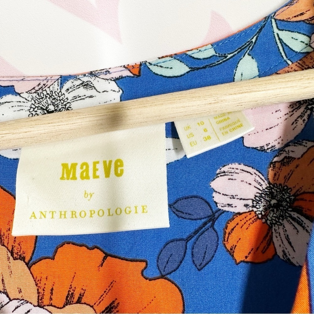 Anthropologie Maeve Floral Blue and Orange Cuffed Sleeve Blouse S - Picture 6 of 10
